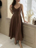 Livi | Elegant Brown Linen A-Line Midi Summer Dress - HoneyvineDress