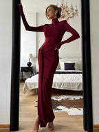Tatiana | Elegant Turtleneck Tie Waist Maxi Dress - HoneyvineDress
