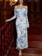 Women's Off Shoulder Maxi Dress – Elegant Long Sleeve Bodycon Evening Dress with Ruched Neckline - Honeyvine