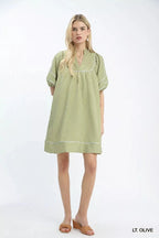 Cleo | Casual Green Striped Puff Sleeve Mini Dress – Relaxed Summer Dress - HoneyvineDress