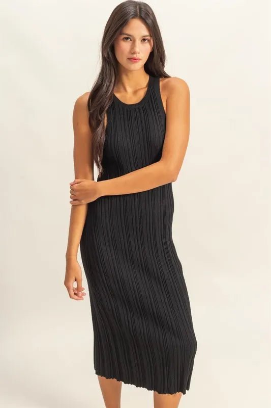 Amelia | Elegant Black Pleated Midi Summer Dress - HoneyvineDress