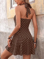 Livia | Flirty Brown Polka Dot Mini Vacation Dress - HoneyvineDress
