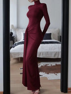 Women's High Neck Maxi Dress – Elegant Long Sleeve Bodycon Dress with Front Slit - Honeyvine