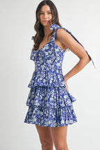 Fiona | Blue Vibrant Floral Layered Mini Dress - HoneyvineDress