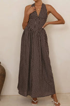 Backless Women's Polka Dot Halter Maxi Dress – Summer Dress with Deep V-Neck & Flowy A-Line Skirt - Honeyvine
