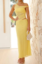 One Shoulder Cut Out Maxi Dress – Elegant Bodycon Evening Dress with Ruched Waist - Honeyvine