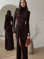 Tatiana | Elegant Turtleneck Tie Waist Maxi Dress - HoneyvineDress