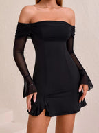 Irene | Iconic Off - Shoulder Long Sleeve Mini Dress - HoneyvineDress