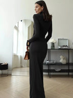 Tatiana | Elegant Turtleneck Tie Waist Maxi Dress - HoneyvineDress