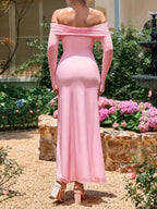 Women's Off Shoulder Maxi Dress – Elegant Long Sleeve Bodycon Evening Dress with Ruched Neckline - Honeyvine