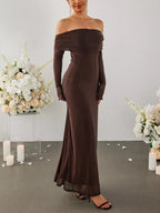 Women's Off Shoulder Maxi Dress – Elegant Long Sleeve Bodycon Evening Dress with Ruched Neckline - Honeyvine
