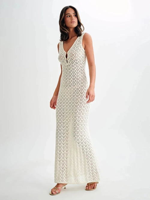 Women's Crochet Knit Maxi Dress – Sleeveless Boho Beach Cover Up Dress - Honeyvine