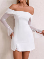 Irene | Iconic Off - Shoulder Long Sleeve Mini Dress - HoneyvineDress
