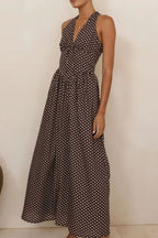 Backless Women's Polka Dot Halter Maxi Dress – Summer Dress with Deep V-Neck & Flowy A-Line Skirt - Honeyvine
