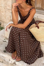 Women's Polka Dot Maxi Dress – Sleeveless A-Line Summer Dress with Square Neck - Honeyvine