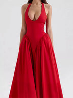 Mila | Elegant Deep V Neck Midi Summer Dress with Pockets - HoneyvineDress