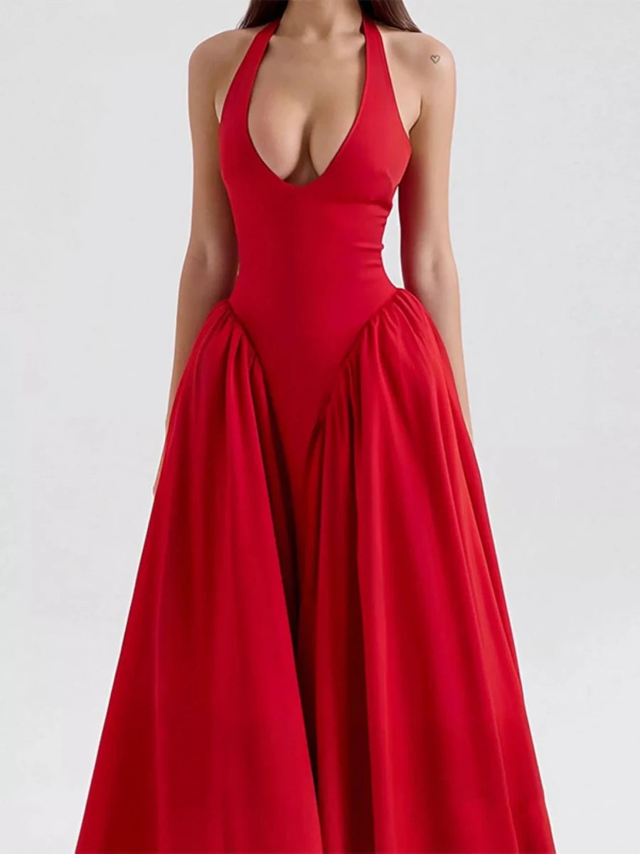 Mila | Elegant Deep V Neck Midi Summer Dress with Pockets - HoneyvineDress