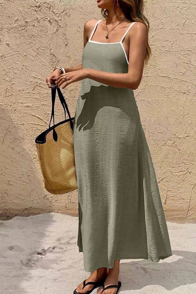Spaghetti Strap Maxi Dress with Contrast Trim - Honeyvine