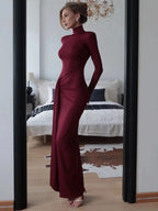 Tatiana | Elegant Turtleneck Tie Waist Maxi Dress - HoneyvineDress