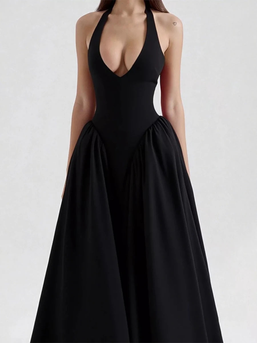 Mila | Elegant Deep V Neck Midi Summer Dress with Pockets - HoneyvineDress