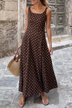 Women's Polka Dot Maxi Dress – Sleeveless A-Line Summer Dress with Square Neck - Honeyvine