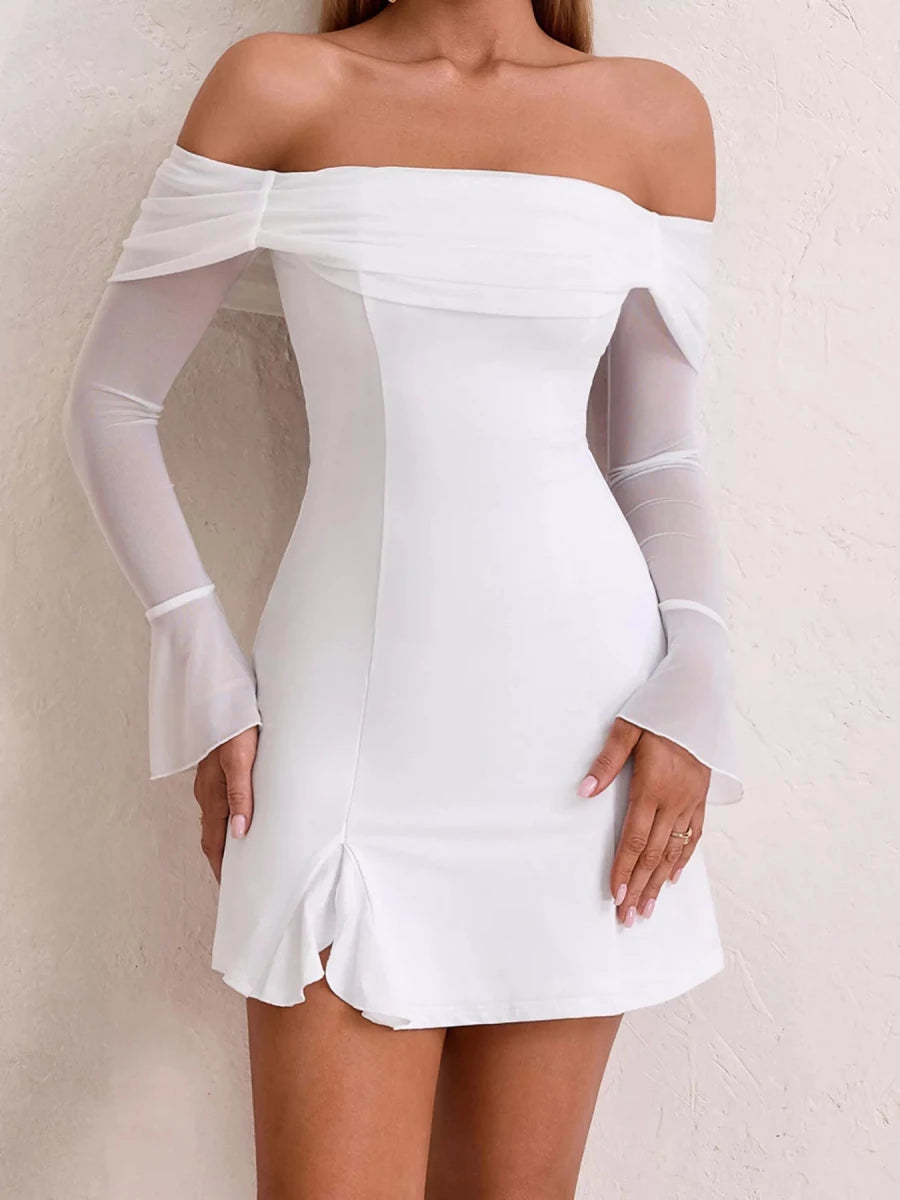 Irene | Iconic Off - Shoulder Long Sleeve Mini Dress - HoneyvineDress