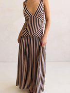 Women's Striped Maxi Dress – Sleeveless Deep V-Neck A-Line Summer Dress with Tie Straps - Honeyvine