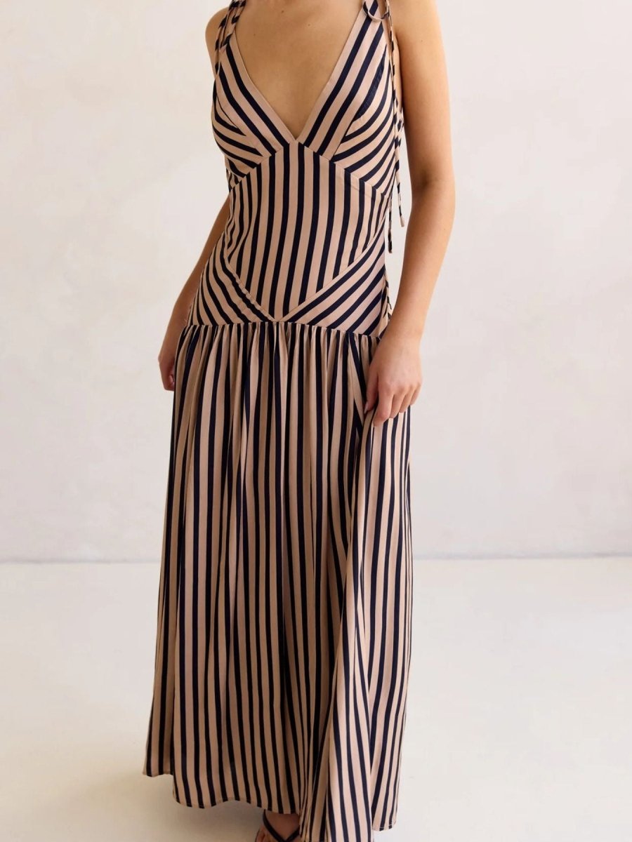 Women's Striped Maxi Dress – Sleeveless Deep V-Neck A-Line Summer Dress with Tie Straps - Honeyvine