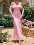 Women's Off Shoulder Maxi Dress – Elegant Long Sleeve Bodycon Evening Dress with Ruched Neckline - Honeyvine