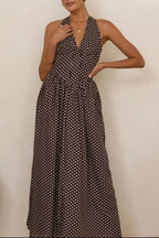 Backless Women's Polka Dot Halter Maxi Dress – Summer Dress with Deep V-Neck & Flowy A-Line Skirt - Honeyvine