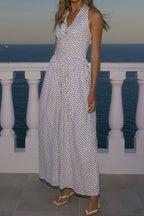 Backless Women's Polka Dot Halter Maxi Dress – Summer Dress with Deep V-Neck & Flowy A-Line Skirt - Honeyvine