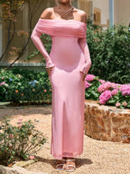 Women's Off Shoulder Maxi Dress – Elegant Long Sleeve Bodycon Evening Dress with Ruched Neckline - Honeyvine