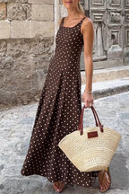 Women's Polka Dot Maxi Dress – Sleeveless A-Line Summer Dress with Square Neck - Honeyvine