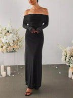 Women's Off Shoulder Maxi Dress – Elegant Long Sleeve Bodycon Evening Dress with Ruched Neckline - Honeyvine