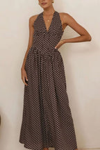 Backless Women's Polka Dot Halter Maxi Dress – Summer Dress with Deep V-Neck & Flowy A-Line Skirt - Honeyvine