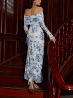 Women's Off Shoulder Maxi Dress – Elegant Long Sleeve Bodycon Evening Dress with Ruched Neckline - Honeyvine