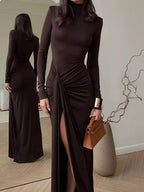 Women's High Neck Maxi Dress – Elegant Long Sleeve Bodycon Dress with Front Slit - Honeyvine
