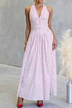 Backless Women's Polka Dot Halter Maxi Dress – Summer Dress with Deep V-Neck & Flowy A-Line Skirt - Honeyvine