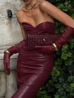 Women's Strapless Faux Leather Midi Dress – Elegant Bodycon Corset Dress for Parties & Evenings - Honeyvine