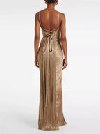 Elodie | Glamorous Gold Metallic Corset Bustier Pleated Maxi Dress - HoneyvineDress