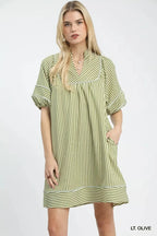 Cleo | Casual Green Striped Puff Sleeve Mini Dress – Relaxed Summer Dress - HoneyvineDress