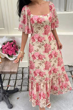 Thea | Romantic Pink Rose Floral Dress - HoneyvineDress