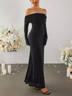 Women's Off Shoulder Maxi Dress – Elegant Long Sleeve Bodycon Evening Dress with Ruched Neckline - Honeyvine