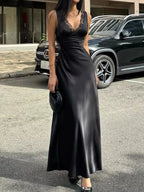 Meliora | Black Satin Lace Trim Evening Maxi Dress - HoneyvineDress