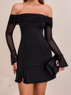 Irene | Iconic Off - Shoulder Long Sleeve Mini Dress - HoneyvineDress