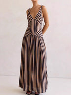 Women's Striped Maxi Dress – Sleeveless Deep V-Neck A-Line Summer Dress with Tie Straps - Honeyvine