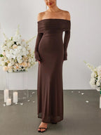 Women's Off Shoulder Maxi Dress – Elegant Long Sleeve Bodycon Evening Dress with Ruched Neckline - Honeyvine