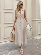 Samira | Classic Beige Linen Button-Down Midi Dress - HoneyvineDress