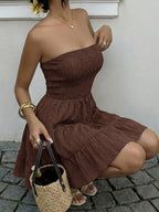 Strapless Smocked Mini Dress – Flowy Tiered Summer Dress with Bandeau Neckline - Honeyvine