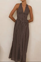 Backless Women's Polka Dot Halter Maxi Dress – Summer Dress with Deep V-Neck & Flowy A-Line Skirt - Honeyvine